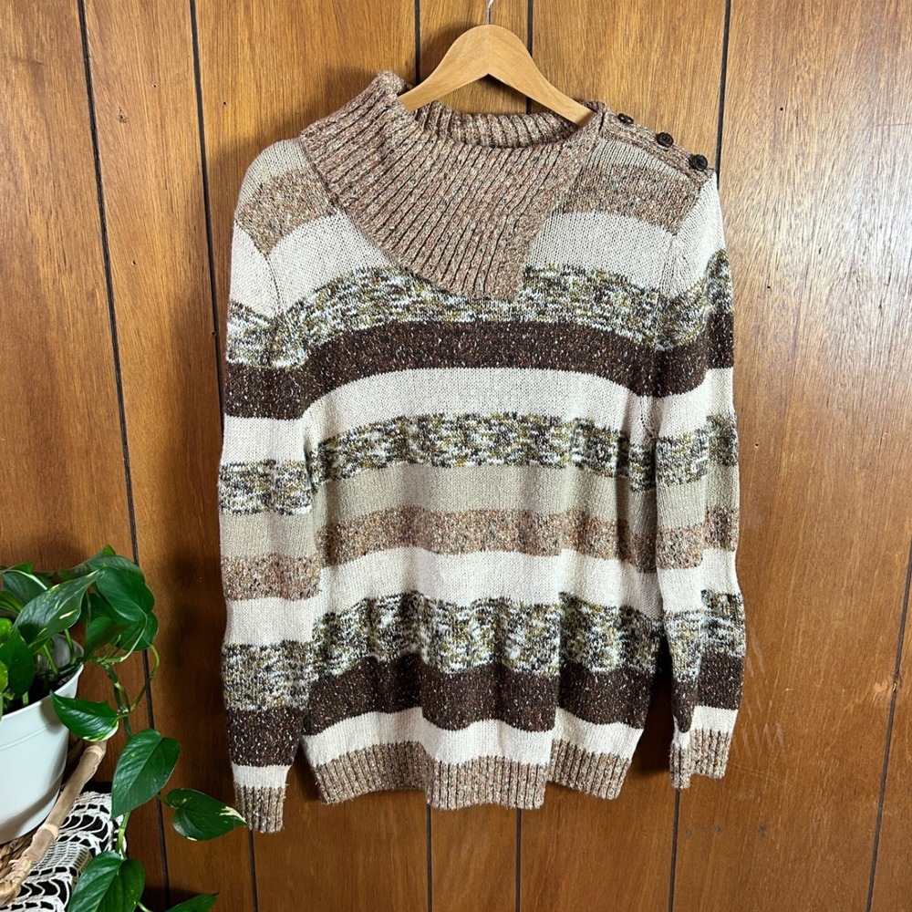 Vintage Alfred Dunner Woman Striped Button‎ Neck Sweater Earth Tones 1X Boho